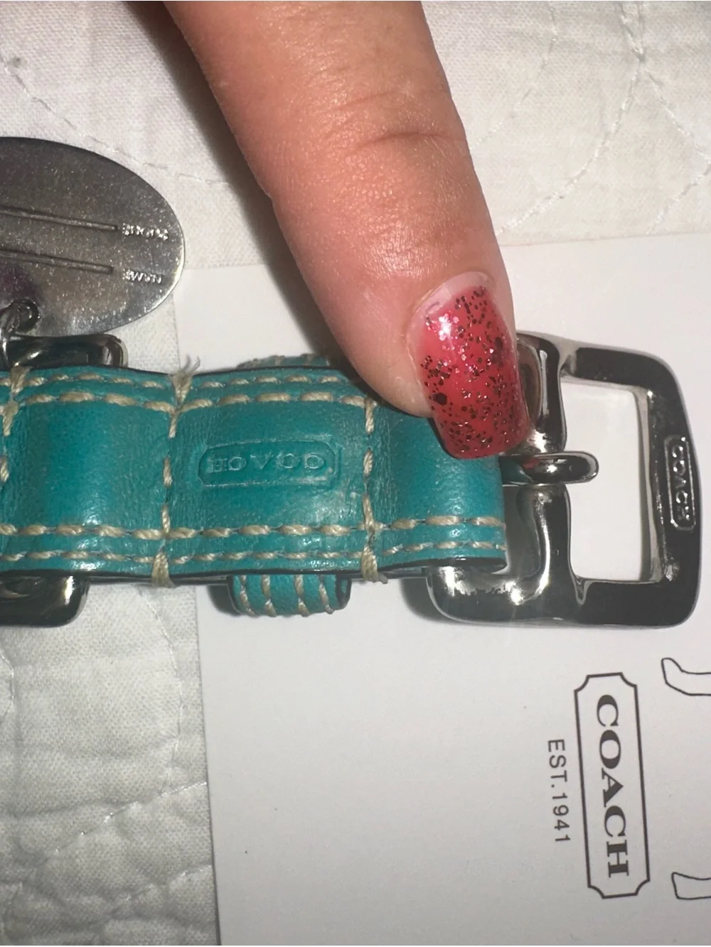 Coach XS Teal Leather Dog Collar with Silver Hardware